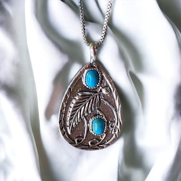 NWT Turquoise retro vintage style unisex necklace (pendant with S Plated chain - Picture 7 of 9